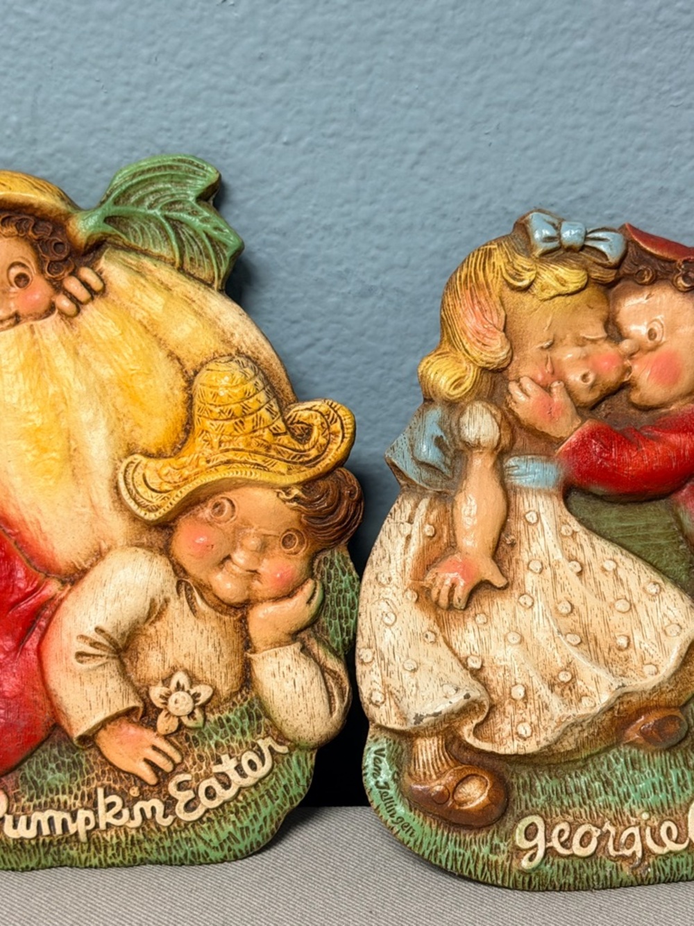 Vintage Pumpkin Eater & Georgie Porgie Wall Plaques - Yellow, Cream, Red, Green